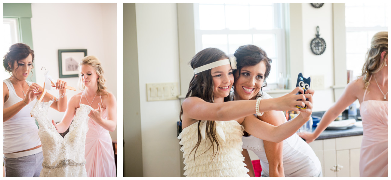 bride with bridesmaids getting dressed