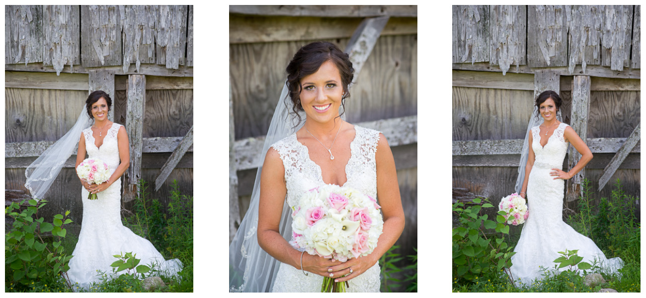 bride in dress photos in front of barn