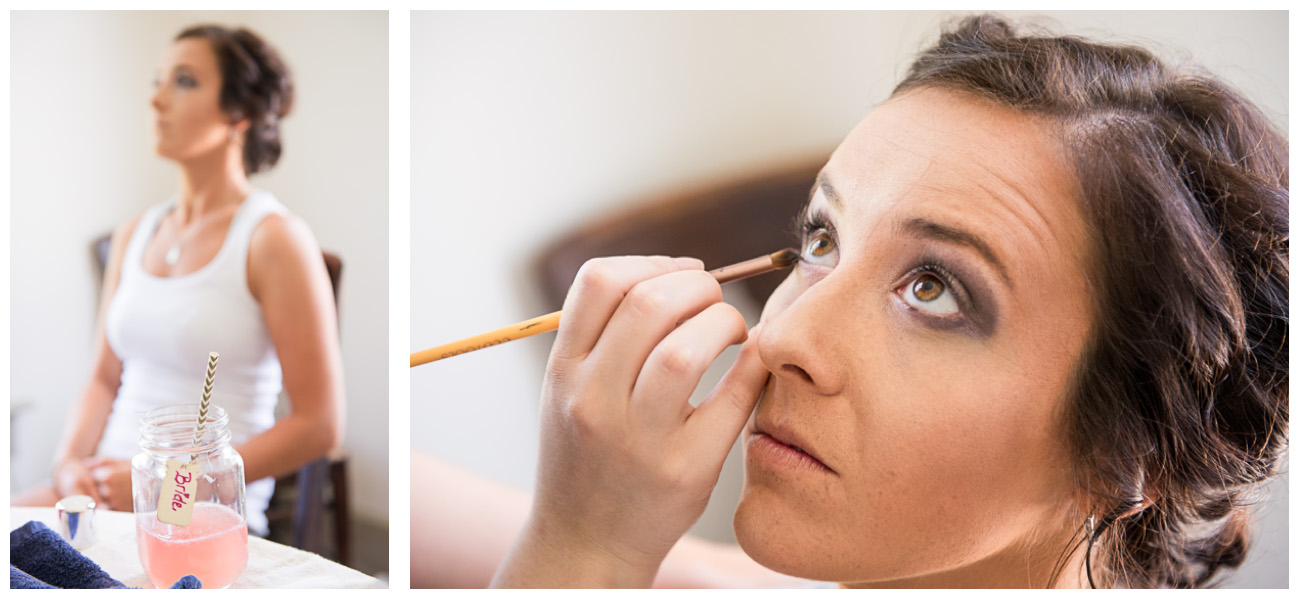 bride getting eye make up done on wedding day