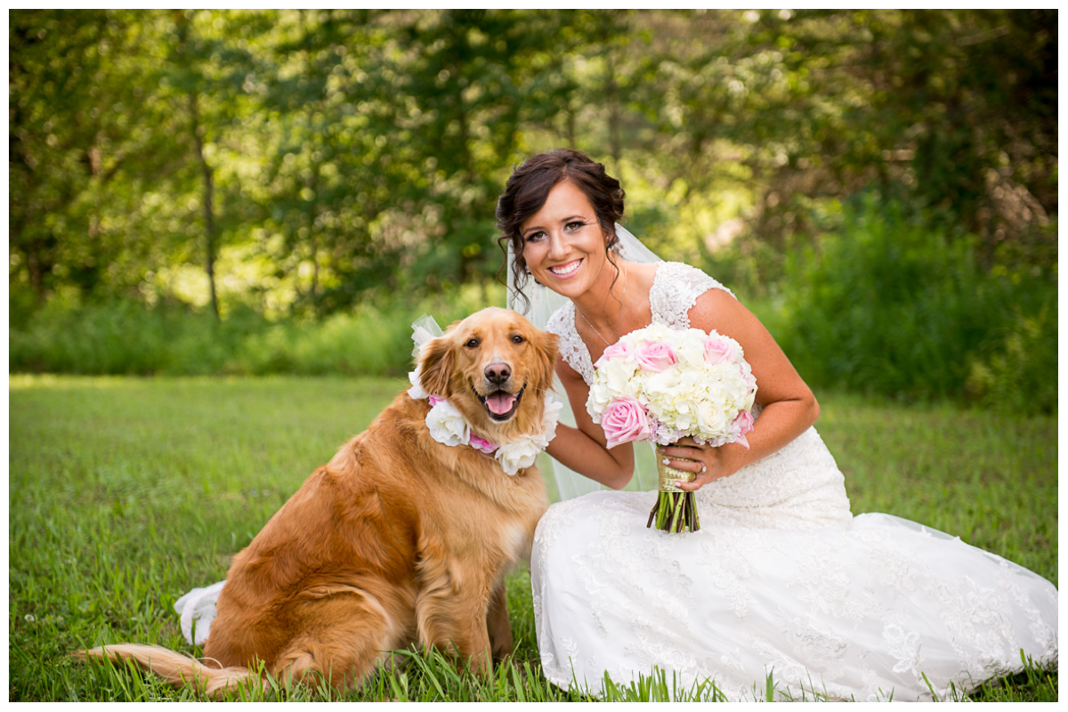 bride with golden retriever on wedding day