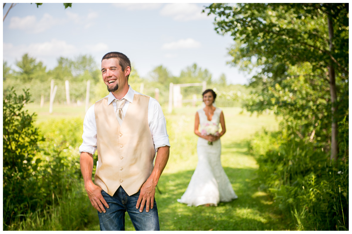 excited groom during first look on wedding day