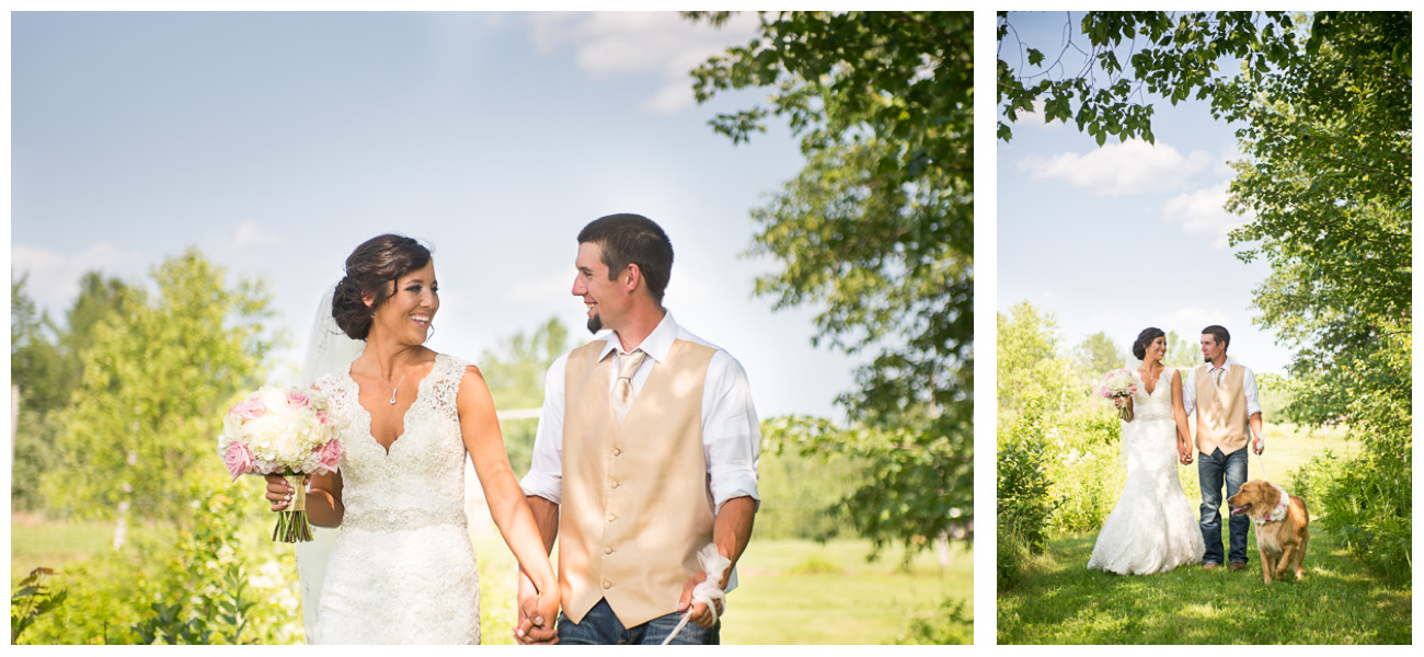 bride and groom smiling while walking dog on farm 