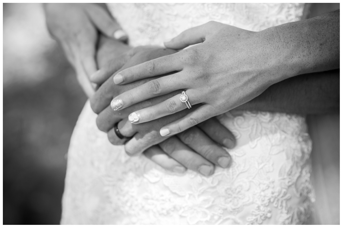 black and white photo with hands and wedding rings