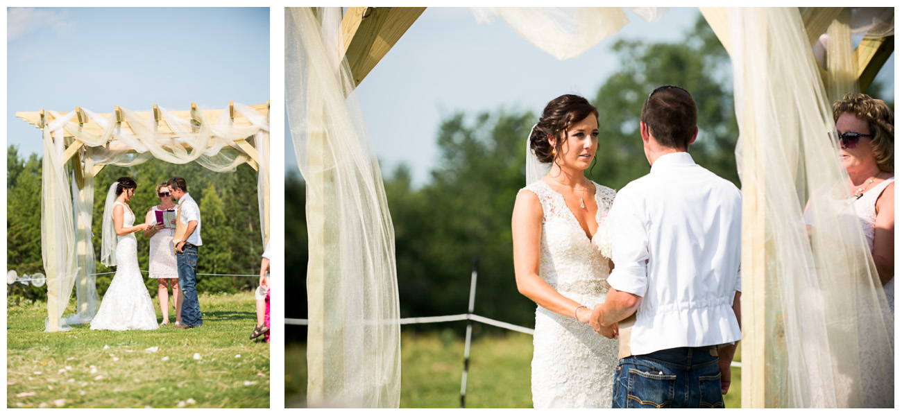 bride and groom reading vows at outside wedding