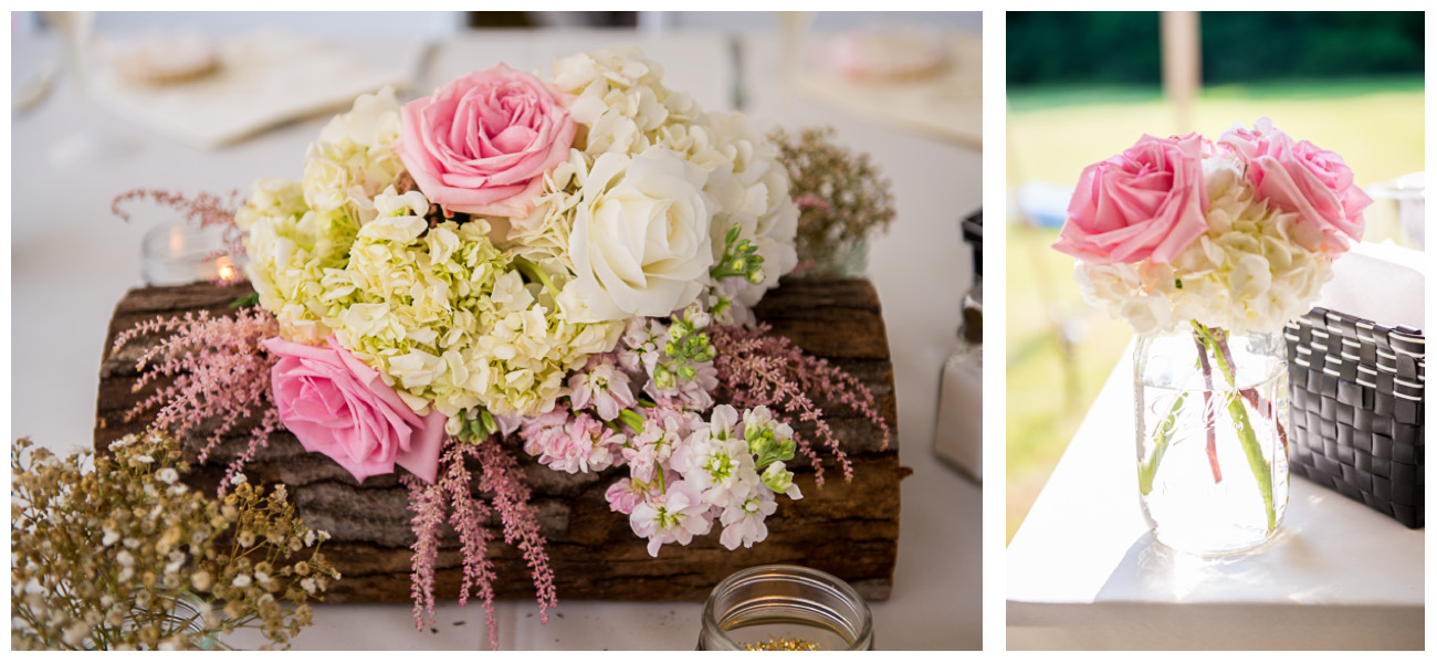 white and pink flower center pieces with rustic theme