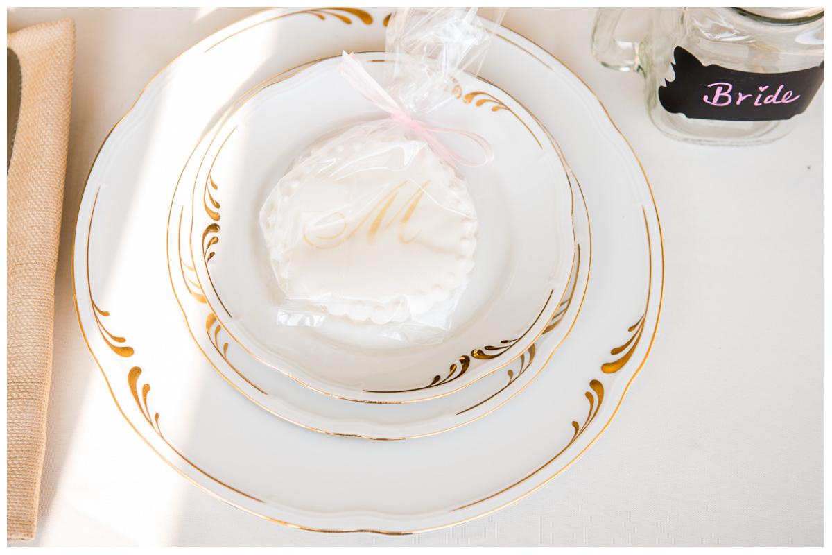 white and gold personalized wedding plates