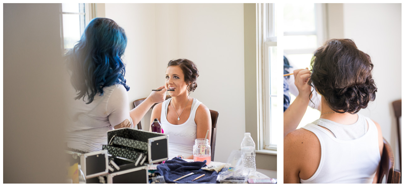 bride getting ready for farm wedding