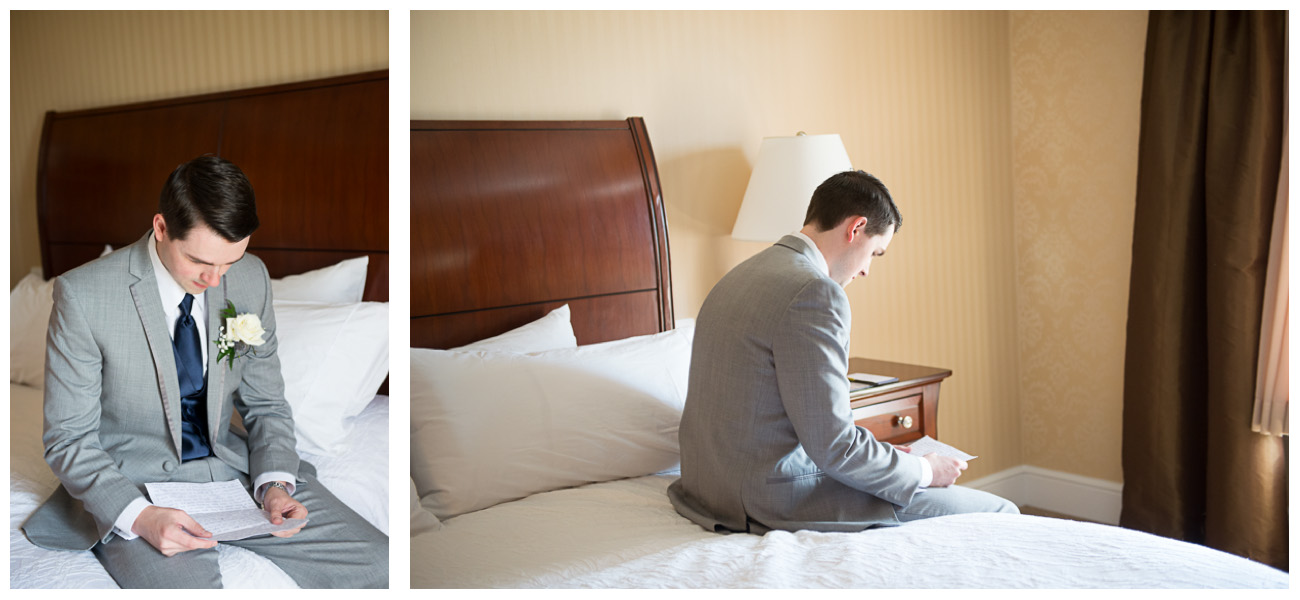 groom reading letter from bride before wedding
