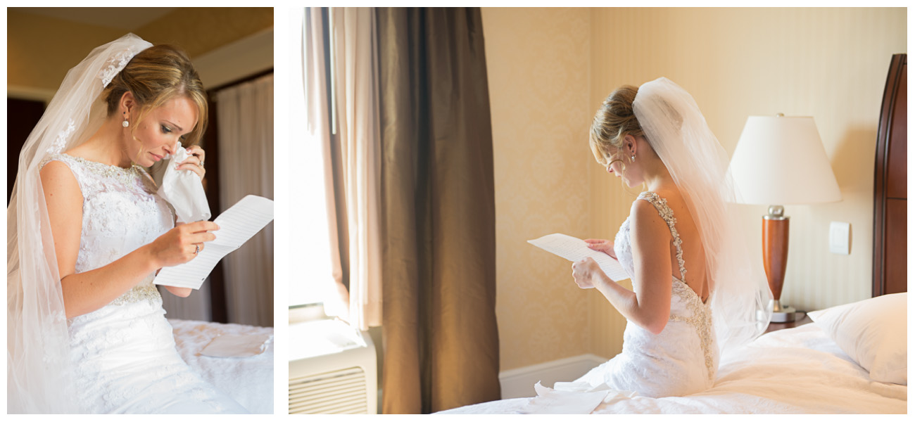 bride reading letter from groom before wedding ceremony