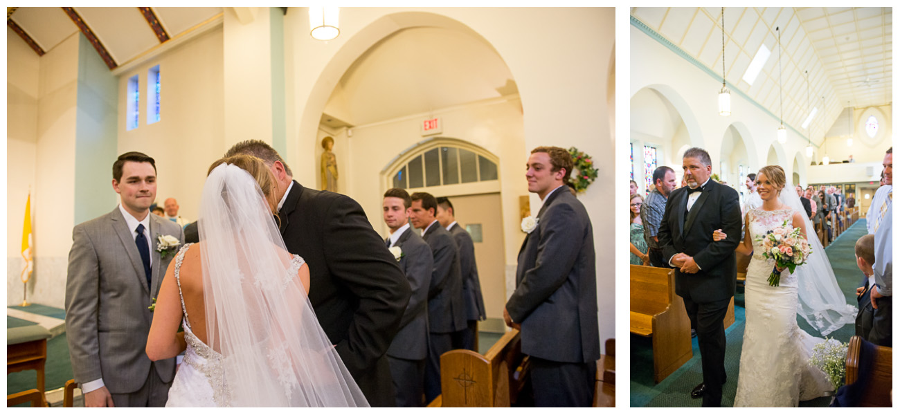 father giving daughter away to groom during ceremony