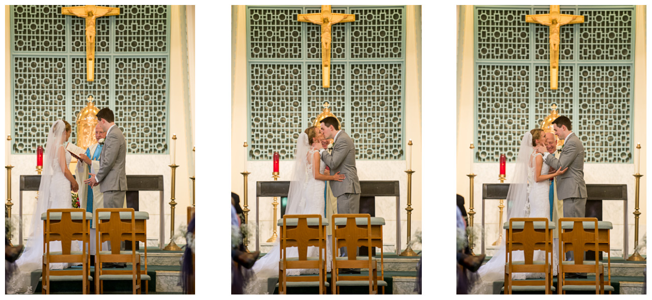 excited bride and groom kissing at alter in catholic church