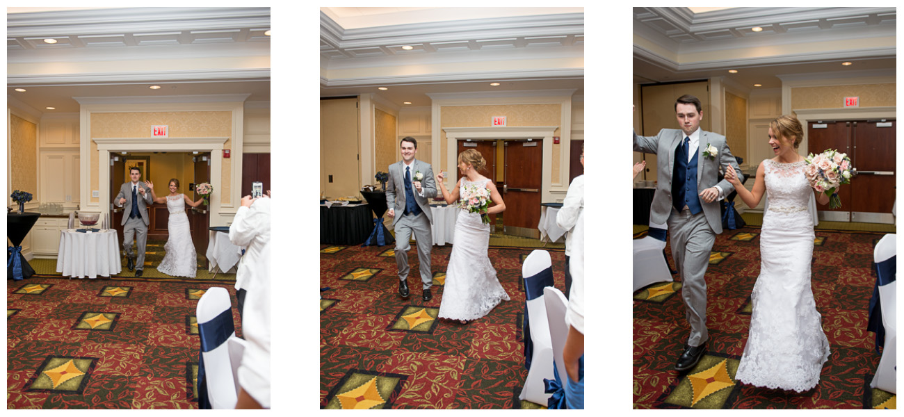 couple dancing into wedding reception 