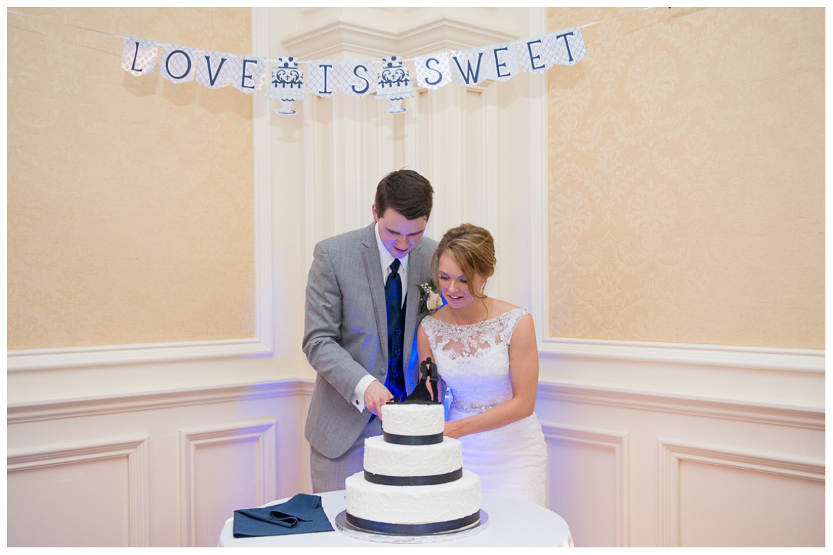 Bride and groom cutting cake at Hilton Garden Inn Wedding