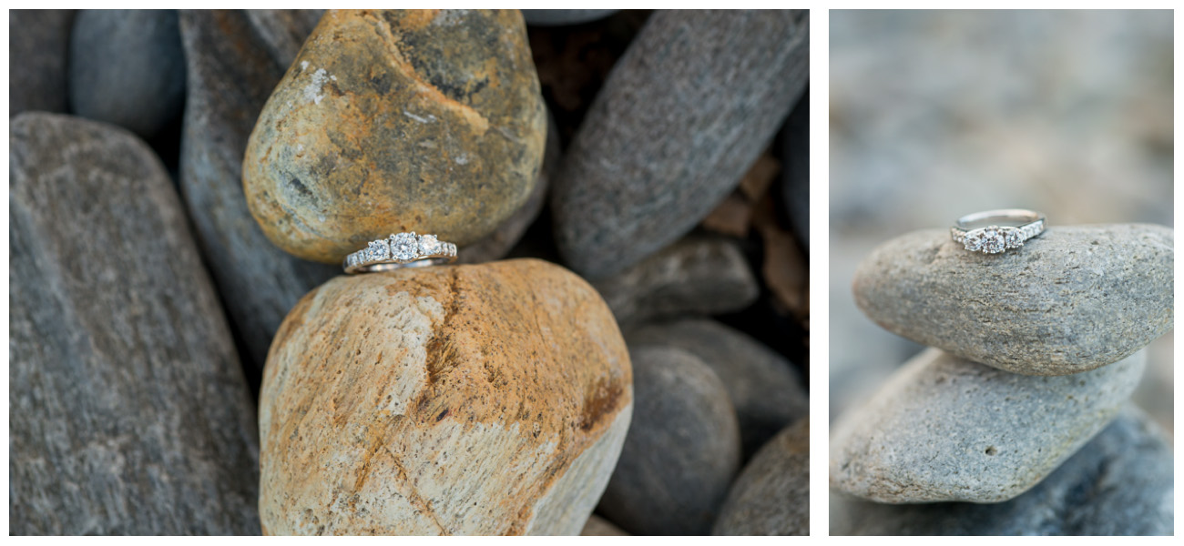 engagement ring on rocks on the beach at Fort Williams