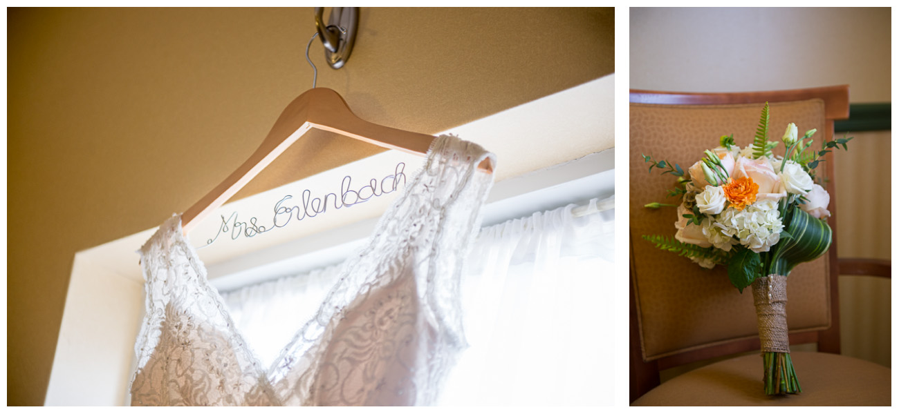 Wedding dress hanging with personalized hanger 