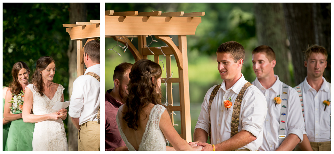 bride and groom reading vows during outside ceremony