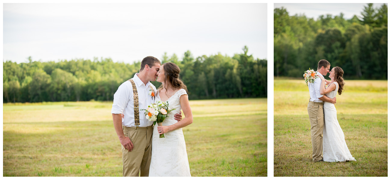 bride and groom kissing in summer field