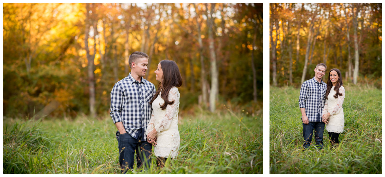 couple holding hands in field for engagement photos