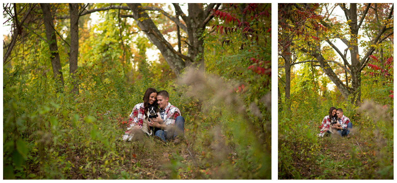 happy couple with dog for engagement photos