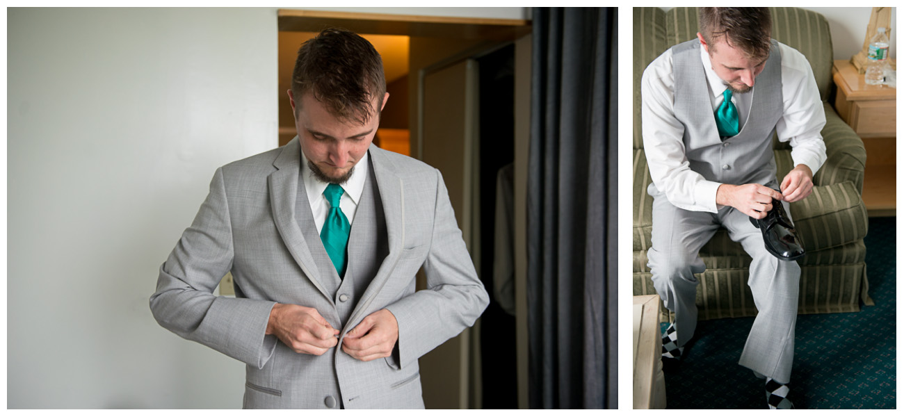 groom buttoning grey suit and putting on shoes 