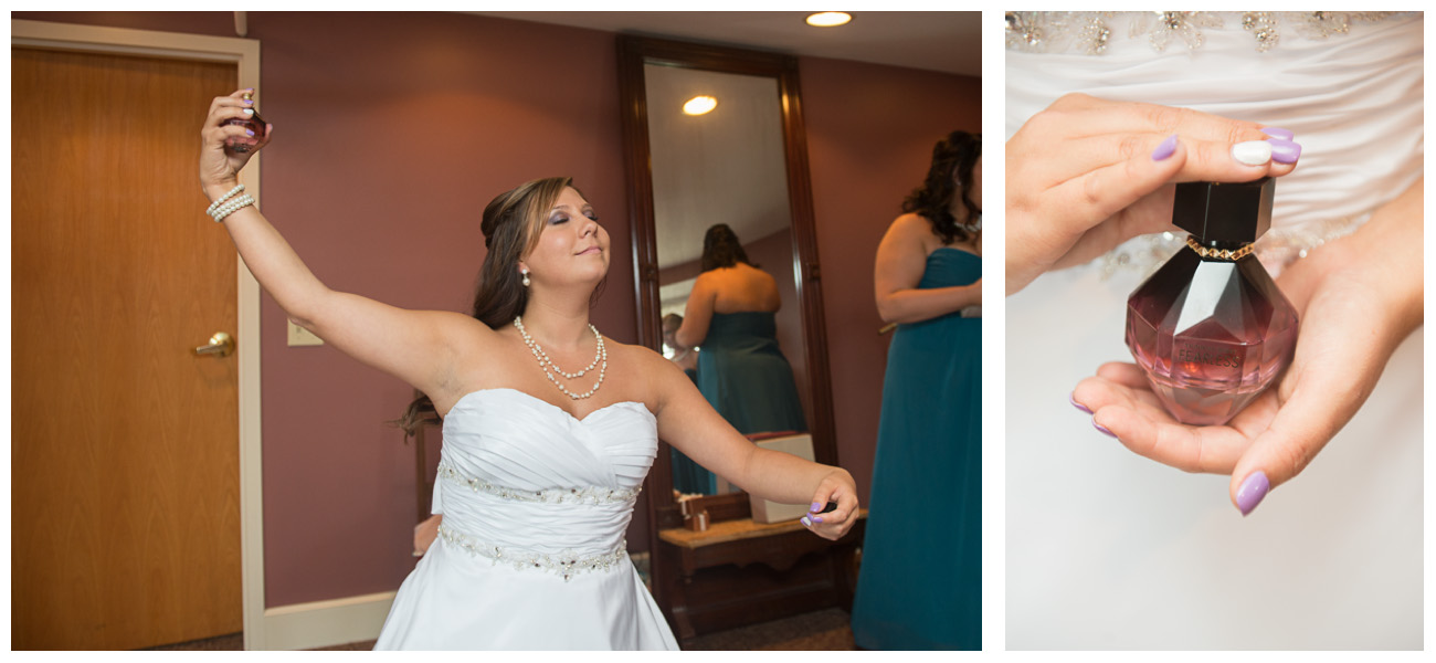 bride putting on perfume for wedding