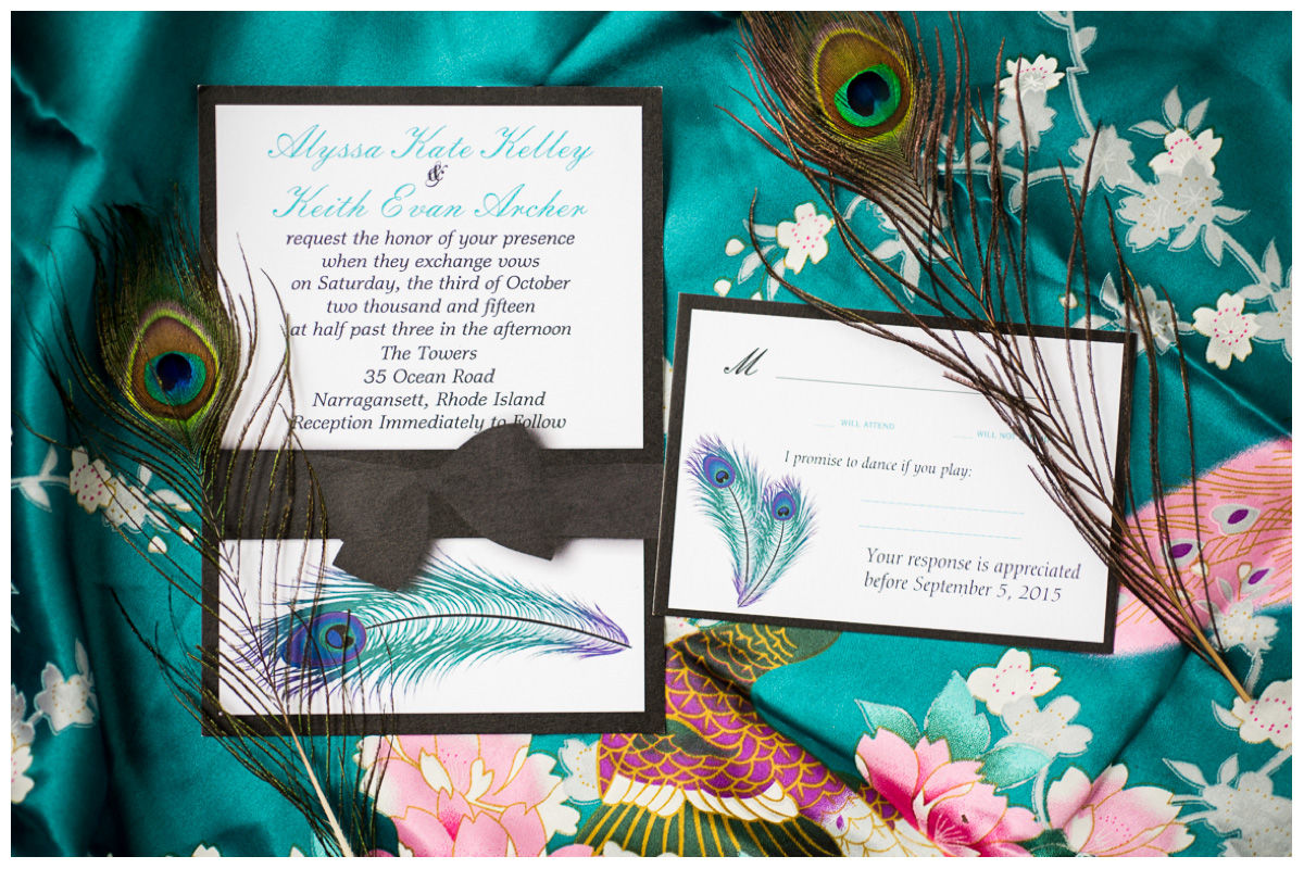 peacock wedding invitations with teal and peacock feathers