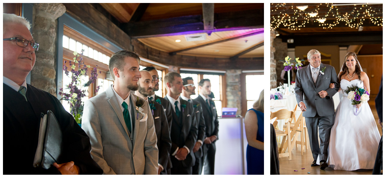 groom watching bride walk down the aisle at castle wedding venue