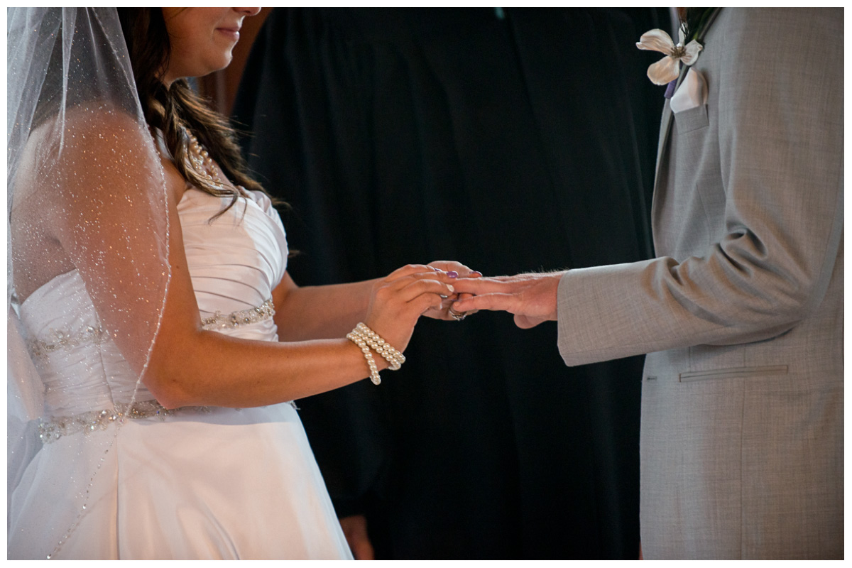 bride putting ring on groom's finger