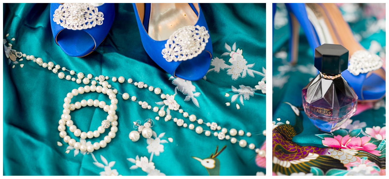 vibrant bridal accessories with pearls and perfume