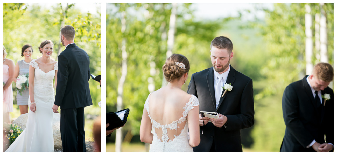 Happy bride and groom reading vows during ceremony in Maine Wedding