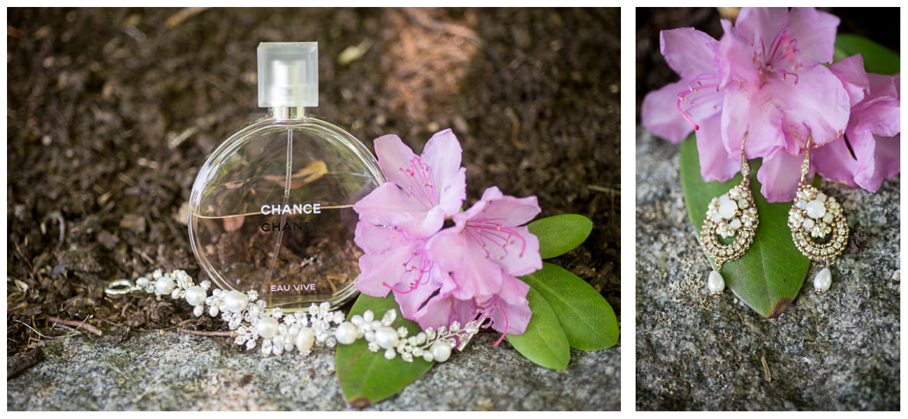 bridal perfume and earrings with pink flower