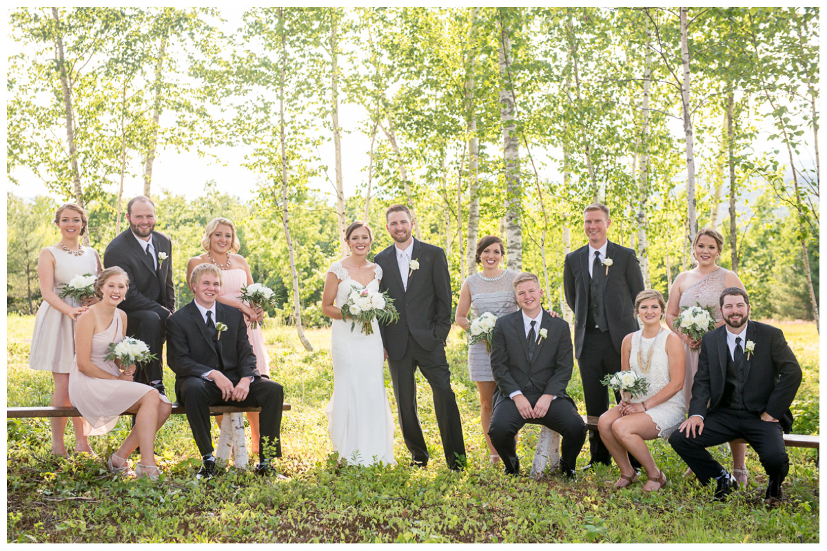 wedding party photos in the woods in Maine