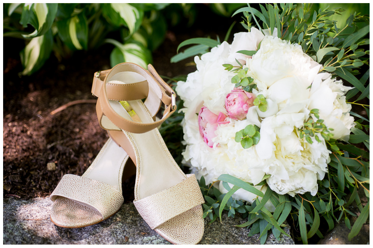 bridal tan heals with white flowers 