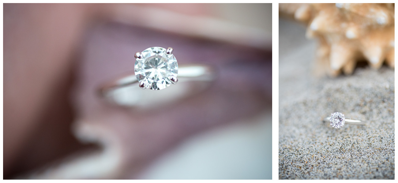 engagement ring in sand at Rye Beach in New Hampshire