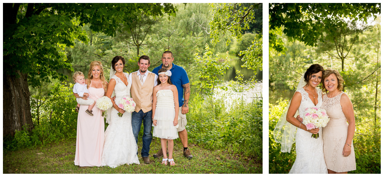 Family photos on wedding day on a maine farm in the summer 