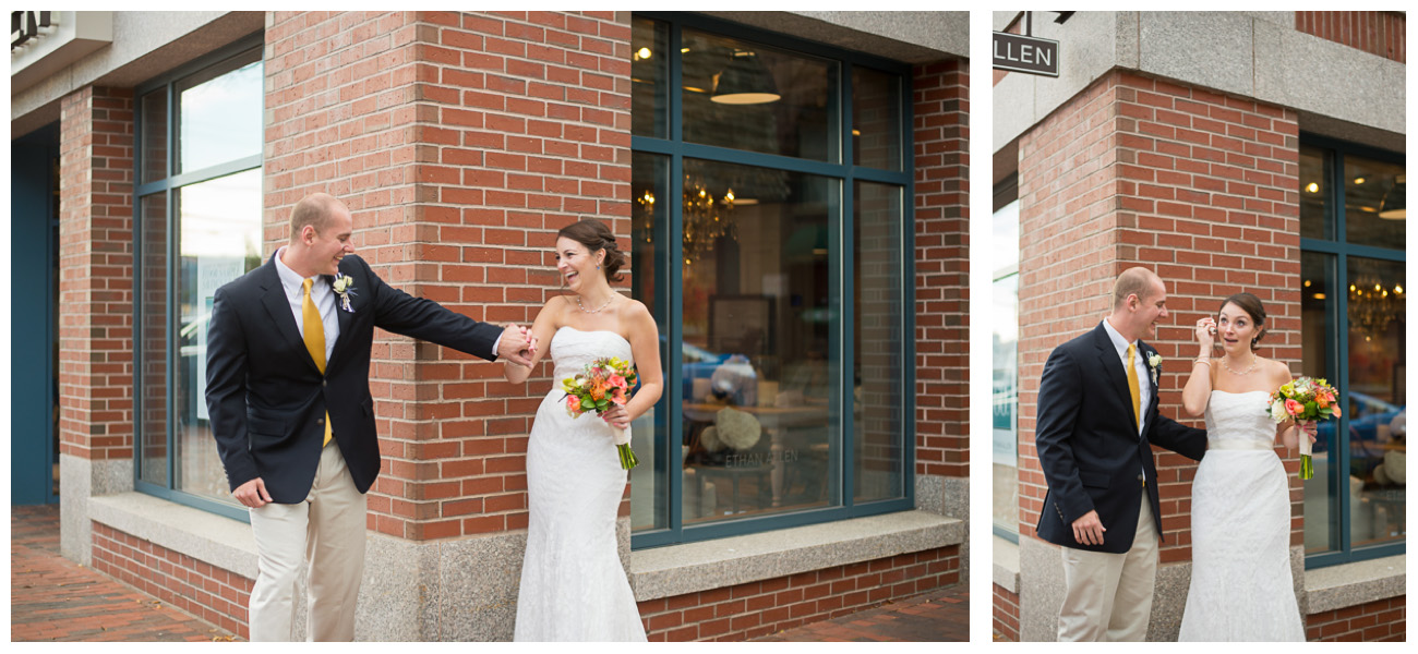 Excited couple in downtown portland on wedding day