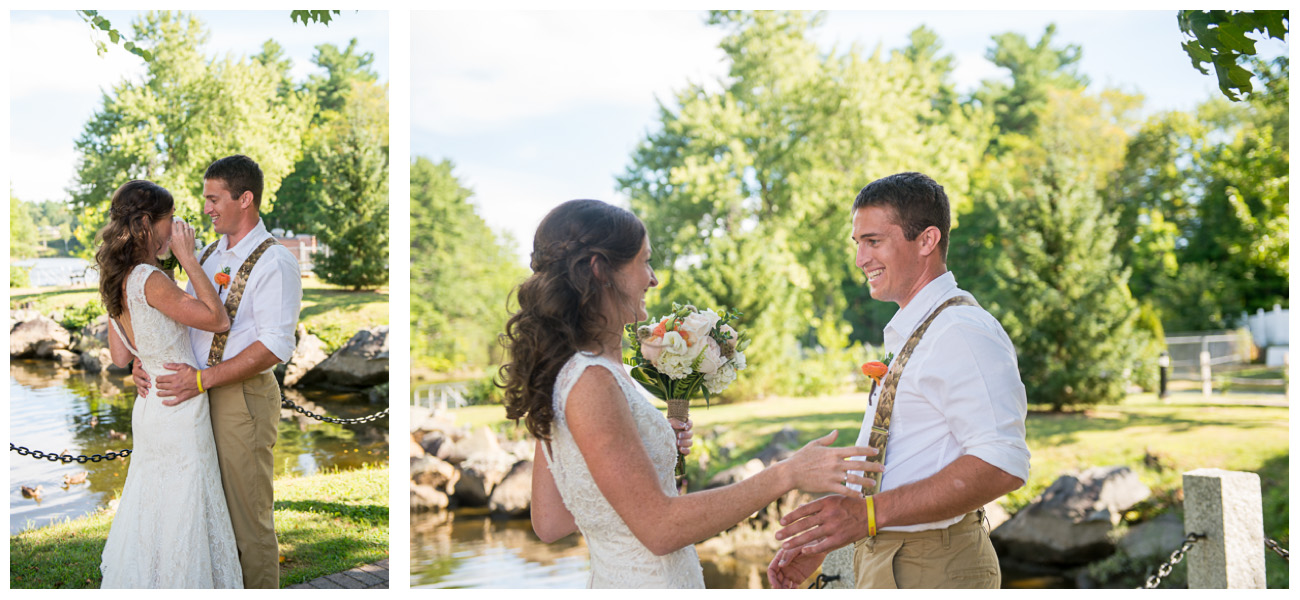 Bride crying during first look in a park in New Hampshire