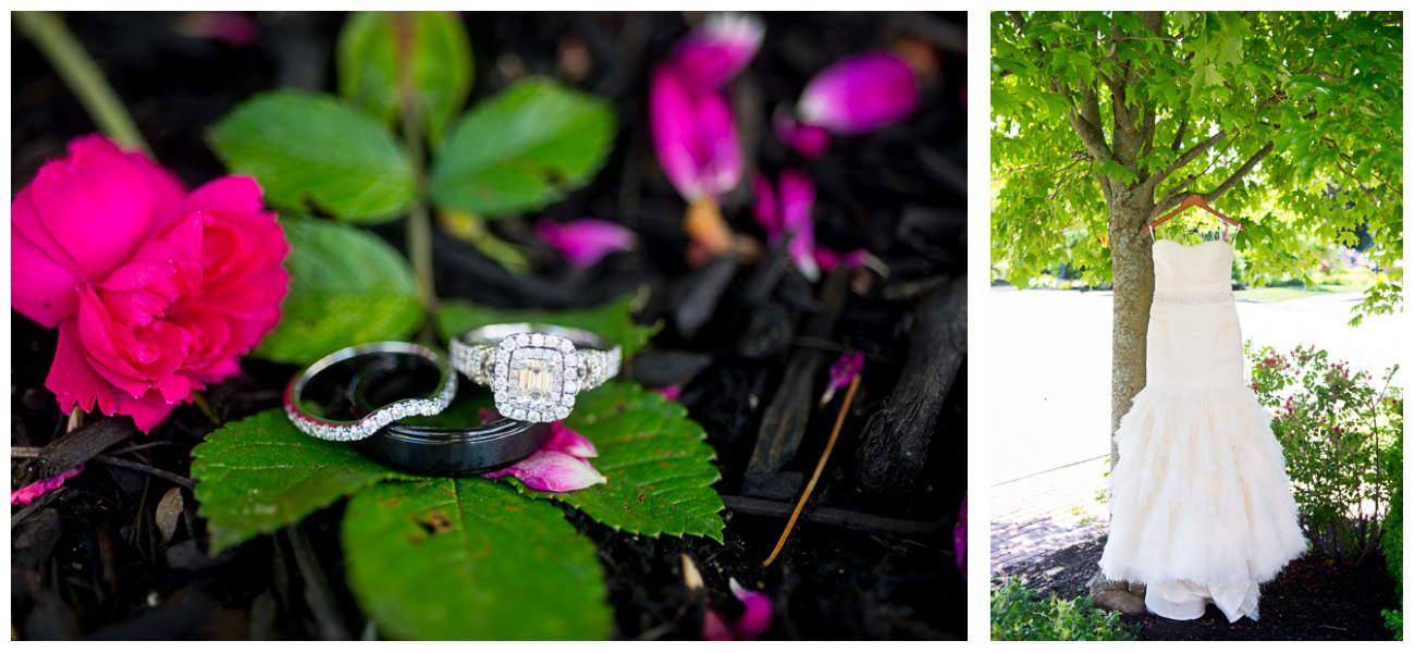 wedding rings and wedding dress hanging in a tree