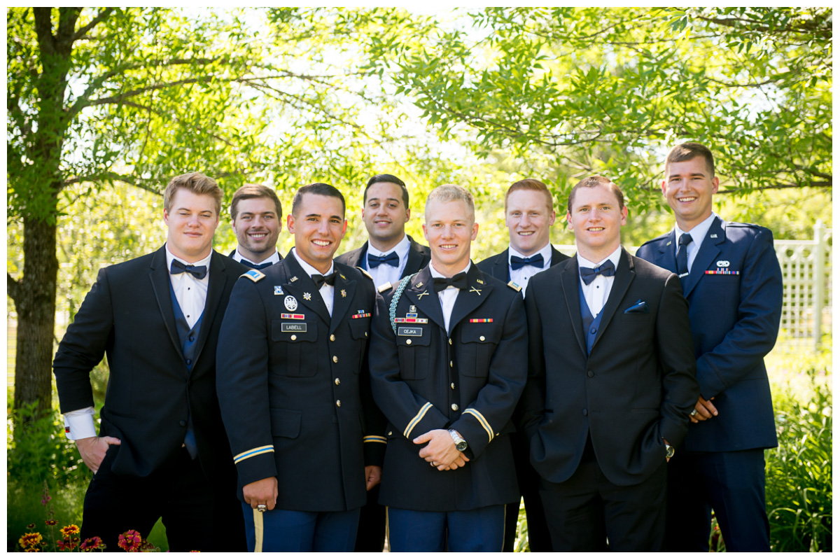 Military groom with groomsmens in maine wedding 