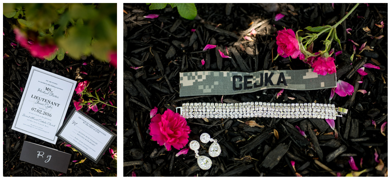 black and white invitations and pink flowers and army name badge