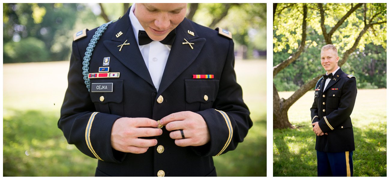 groom with army blues on wedding day