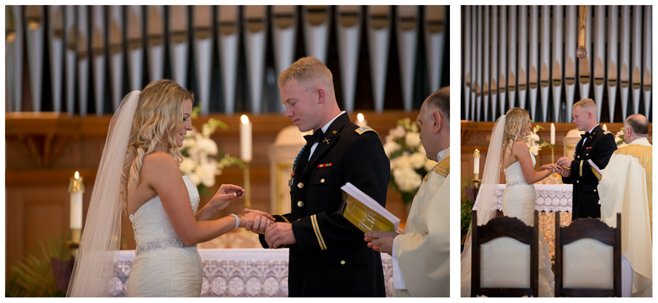 excited couple exchanging rings during wedding ceremony