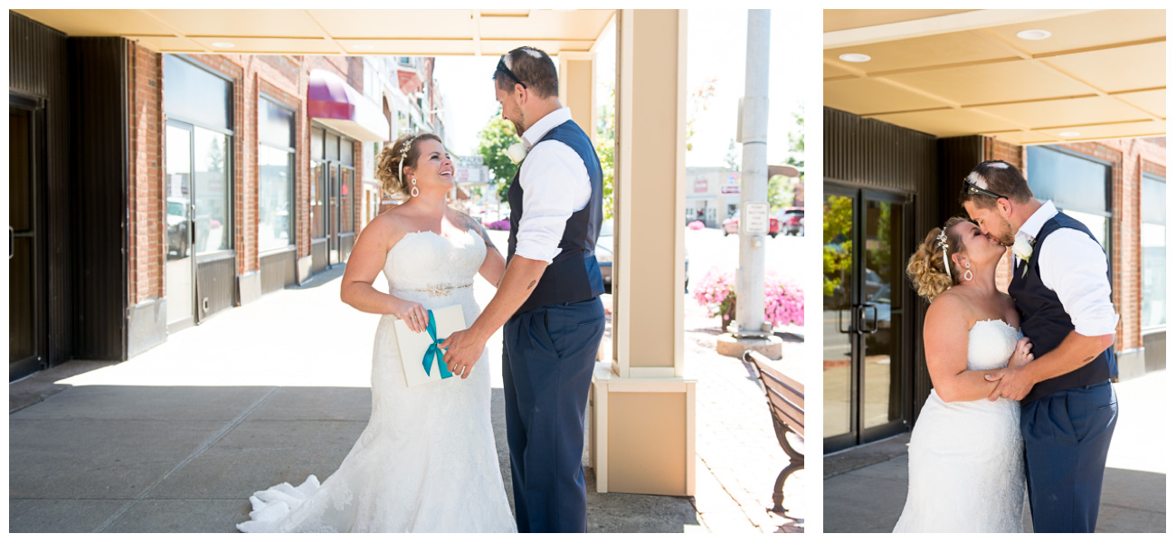 happy couple during first look in Maine