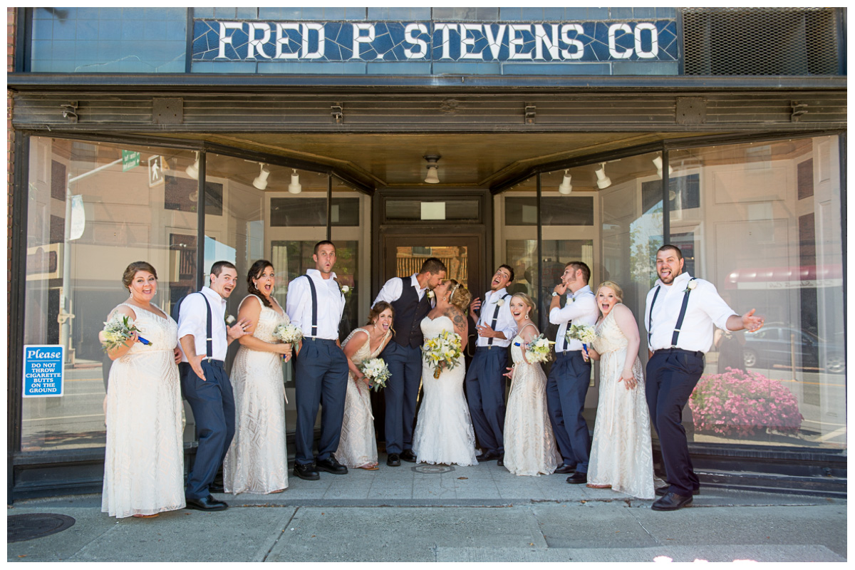 Fun wedding party photo on Main Street