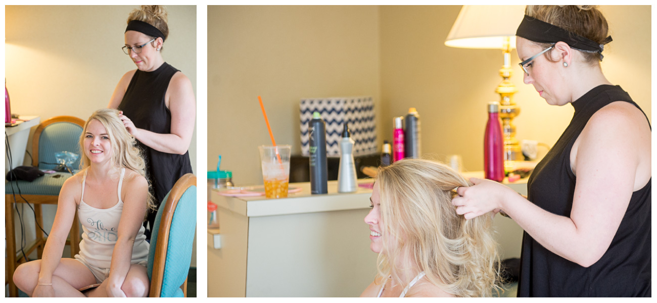 Bride getting ready in hotel room for wedding