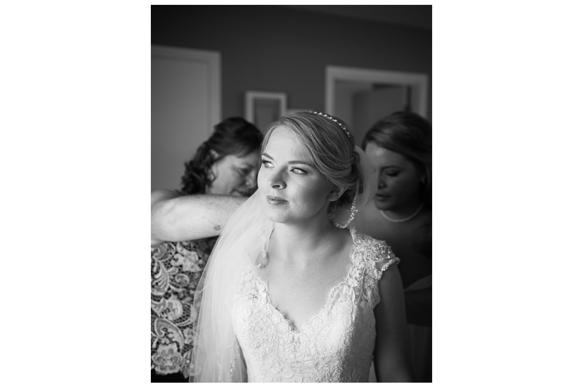 black and white photo with bride in wedding dress