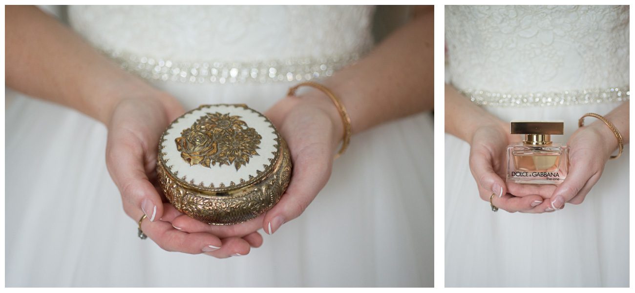 bride holding wedding day perfume 