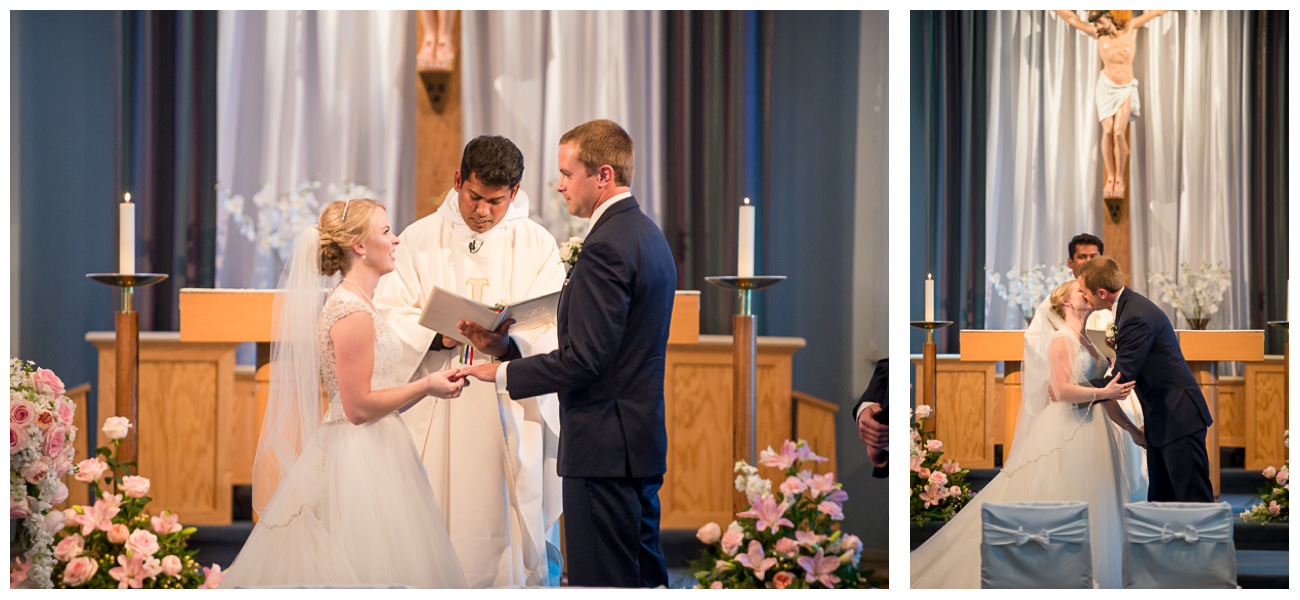 bride and groom exchanging vows on wedding day in maine church