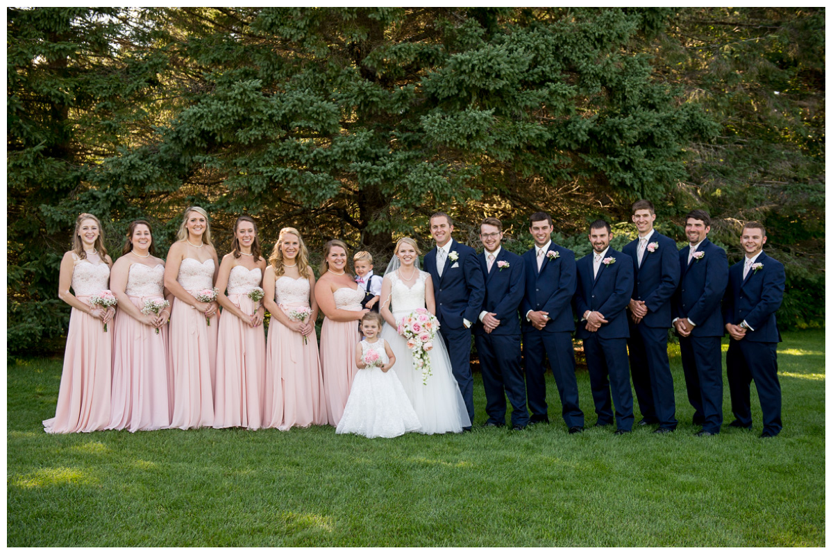 wedding party photo in Maine with blush dresses and navy suits