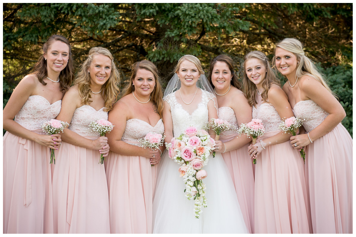 bridesmaids in blush dresses in group photo